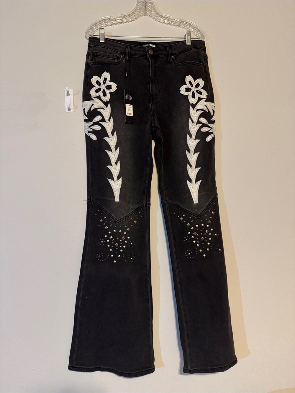 Fashion Nova Black Flare Jeans with White Floral Embroidery